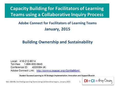 Capacity Building for Facilitators of Learning Teams using a Collaborative Inquiry Process Adobe Connect for Facilitators of Learning Teams January, 2015.