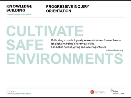 Community Improvement of Ideas FOLDER 2 Community Improvement of Ideas CULTIVATE SAFE ENVIRONMENTS PROGRESSIVE INQUIRY ORIENTATION Cultivating a psychologically.