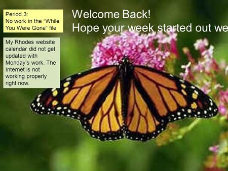 Period 3: No work in the “While You Were Gone” file Welcome Back! Hope your week started out well! My Rhodes website calendar did not get updated with.