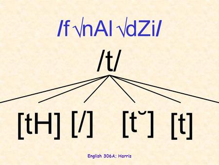 /f nAl dZi/ √ /t/ [/] [t˘] [tH] [t] English 306A; Harris.