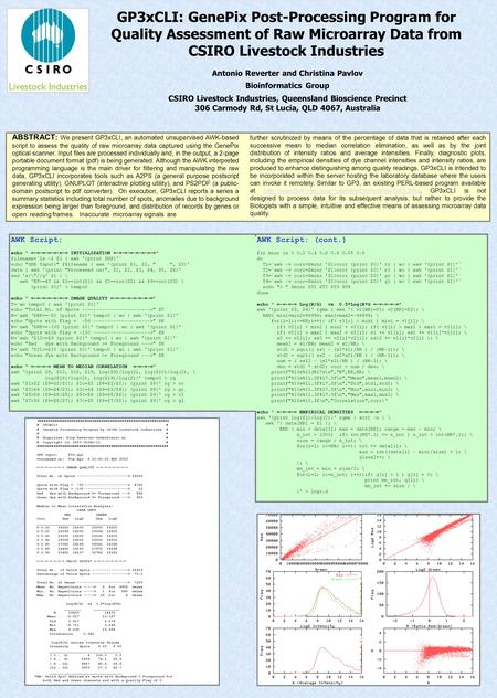 GP3xCLI: GenePix Post-Processing Program for Quality Assessment of Raw Microarray Data from CSIRO Livestock Industries ABSTRACT : We present GP3xCLI, an.