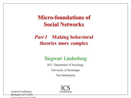 Sunbelt Conference Budapest, 25-4-2001 www.ppsw.rug.nl/~lind enb Lindenberg Siegwart Lindenberg ICS / Department of Sociology University of Groningen.