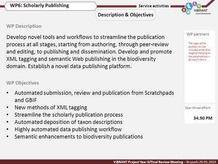 Service activities ViBRANT Project Year 3/Final Review Meeting – Brussels 29-01-2014 Description & Objectives WP Description WP Objectives WP partners.