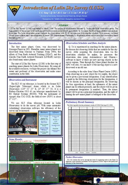 Introduction of Lulin Sky Survey (LUSS) T. C. Yang 1, Q. Ye 2, H. C. Lin 1, C. S. Lin 1, W. H. Ip 1 1 Institute of Astronomy, National Central University,