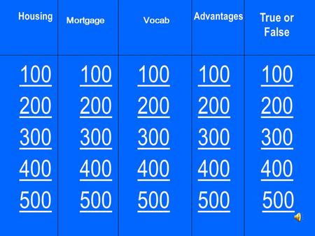 100 200 300 400 500 Housing MortgageVocab Advantages True or False.