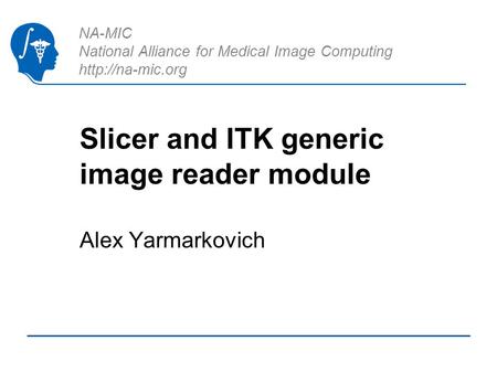 NA-MIC National Alliance for Medical Image Computing  Slicer and ITK generic image reader module Alex Yarmarkovich.