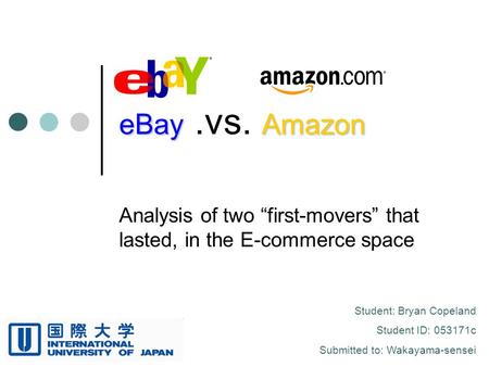 EBayAmazon eBay.vs. Amazon Analysis of two “first-movers” that lasted, in the E-commerce space Student: Bryan Copeland Student ID: 053171c Submitted to: