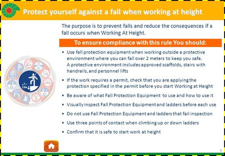 1 The purpose is to prevent falls and reduce the consequences if a fall occurs when Working At Height. Use fall protection equipment when working outside.