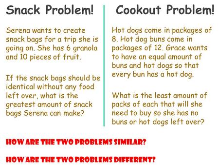 Becky Afghani, LBUSD Math Curriculum Office, 2003 Snack Problem! Serena wants to create snack bags for a trip she is going on. She has 6 granola and 10.