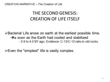 THE SECOND GENESIS: CREATION OF LIFE ITSELF CREATION NARRATIVE – The Creation of Life  Even the simplest life is vastly complex.  Bacterial Life arose.