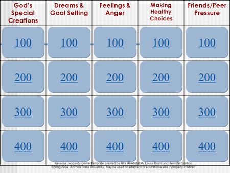 Reverse Jeopardy Game Template created by Rita Al-Abdullah, Laura Bush, and Jennifer Santos. Spring 2004, Arizona State University. May be used or adapted.