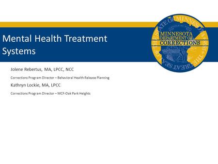 Mental Health Treatment Systems Jolene Rebertus, MA, LPCC, NCC Corrections Program Director Behavioral Health Release Planning Jolene Rebertus, MA, LPCC,