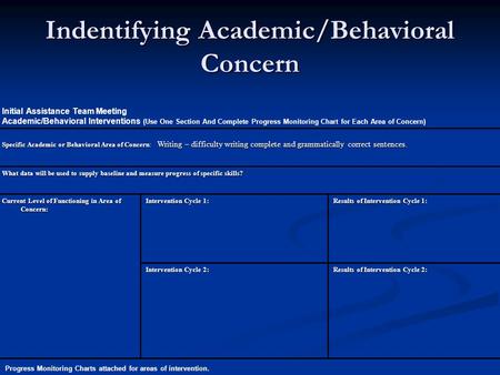 Initial Assistance Team Meeting Academic/Behavioral Interventions (Use One Section And Complete Progress Monitoring Chart for Each Area of Concern) Specific.