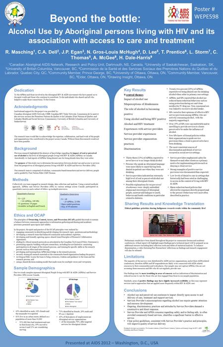 Beyond the bottle: Alcohol Use by Aboriginal persons living with HIV and its association with access to care and treatment R. Masching 1, C.A. Dell 2,