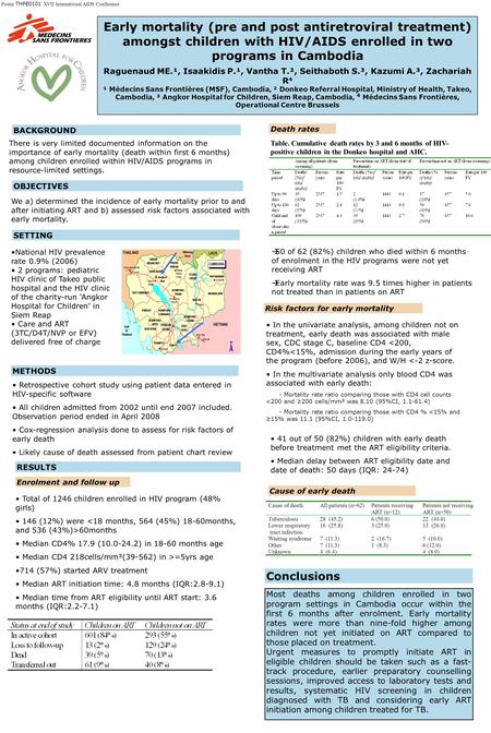 Most deaths among children enrolled in two program settings in Cambodia occur within the first 6 months after enrolment. Early mortality rates were more.