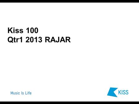 Kiss 100 Qtr1 2013 RAJAR. Key highlights – Qtr1 2013 Kiss 100 now reaches 1.6 million listeners every week Market share is now at 3.9%, Kiss listeners.