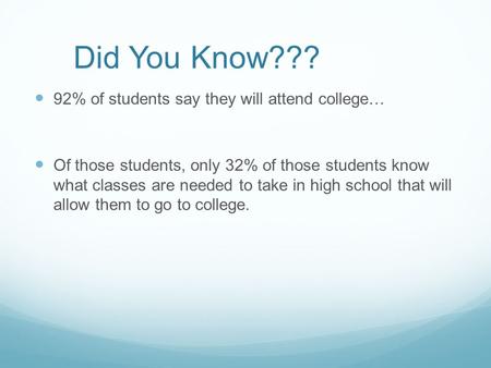 Did You Know??? 92% of students say they will attend college… Of those students, only 32% of those students know what classes are needed to take in high.