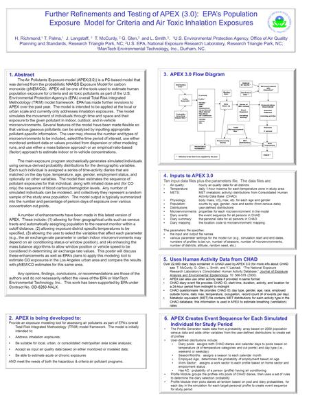 1. Abstract The Air Pollutants Exposure model (APEX(3.0)) is a PC-based model that was derived from the probabilistic NAAQS Exposure Model for carbon monoxide.