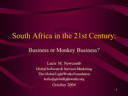 1 South Africa in the 21st Century: Business or Monkey Business? Lucie M. Newcomb Global Software & Services Marketing The Global LightWorks Foundation.