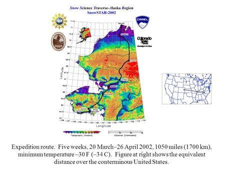 Expedition route. Five weeks, 20 March–26 April 2002, 1050 miles (1700 km), minimum temperature –30 F (–34 C). Figure at right shows the equivalent distance.