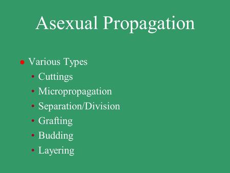 Asexual Propagation l Various Types Cuttings Micropropagation Separation/Division Grafting Budding Layering.