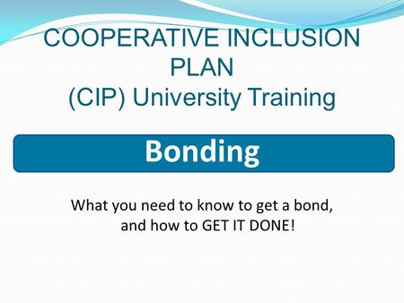 COOPERATIVE INCLUSION PLAN (CIP) University Training Bonding What you need to know to get a bond, and how to GET IT DONE!