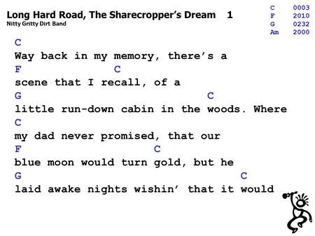 Long Hard Road, The Sharecropper’s Dream 1 Nitty Gritty Dirt Band C Way back in my memory, there’s a F C scene that I recall, of a G C little run-down.