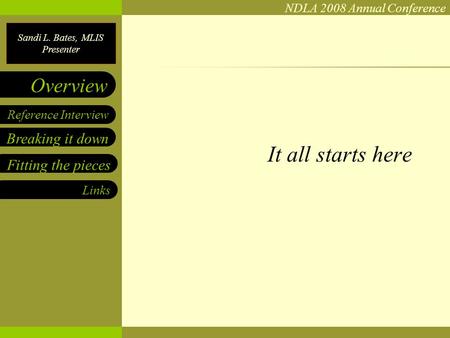 Sandi L. Bates, MLIS Presenter NDLA 2008 Annual Conference Breaking it down Fitting the pieces Reference Interview Overview Links It all starts here.