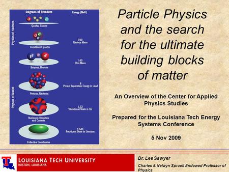 Dr. Lee Sawyer Charles & Nelwyn Spruell Endowed Professor of Physics An Overview of the Center for Applied Physics Studies Prepared for the Louisiana Tech.