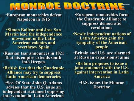 European monarchies form the Quadruple Alliance to suppress democratic revolutions Newly independent nations of Latin America gain the sympathy of the.