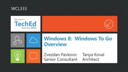 Windows 8: Windows To Go Overview Zvezdan PavkovicTanya Koval Senior ConsultantArchitect WCL333.