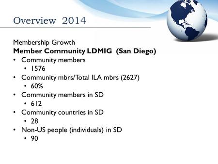 Overview 2014 Membership Growth Member Community LDMIG (San Diego) Community members 1576 Community mbrs/Total ILA mbrs (2627) 60% Community members in.