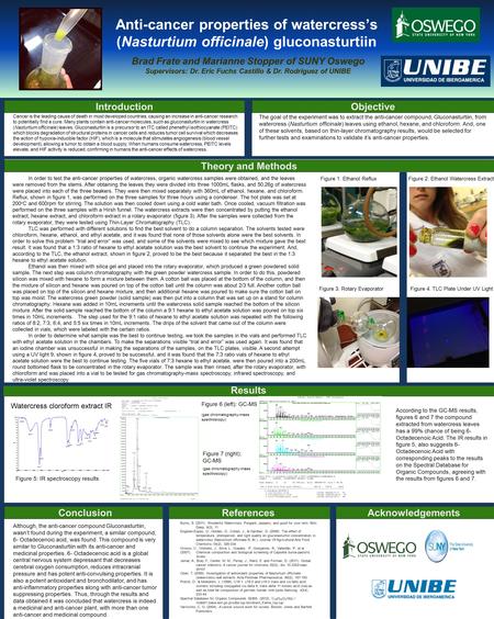 Anti-cancer properties of watercress’s (Nasturtium officinale) gluconasturtiin Brad Frate and Marianne Stopper of SUNY Oswego Supervisors: Dr. Eric Fuchs.