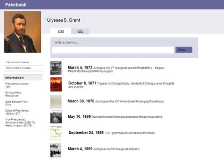 Fakebook Ulysses S. Grant View photos of Ulysses Send Ulysses a message Wall Info Write something… Share Information Presidential Number: 18th Political.