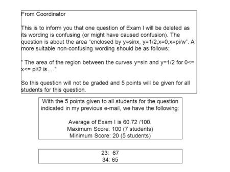 From Coordinator This is to inform you that one question of Exam I will be deleted as its wording is confusing (or might have caused confusion). The question.