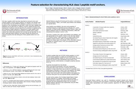 Feature selection for characterizing HLA class I peptide motif anchors. Perry G. Ridge 1, Hernando Escobar 1, Peter E. Jensen 1, Julio C. Delgado 1, David.