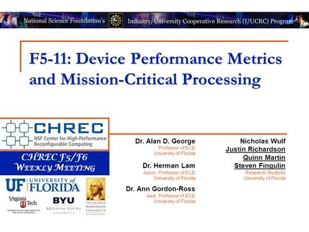 CHREC F5/F6 W EEKLY M EETING F5-11: Device Performance Metrics and Mission-Critical Processing Nicholas Wulf Justin Richardson Quinn Martin Steven Fingulin.