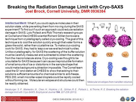 CHESS DMR-0936384 2013-03-18_1 Breaking the Radiation Damage Limit with Cryo-SAXS Joel Brock, Cornell University, DMR 0936384 Molecular envelopes from.