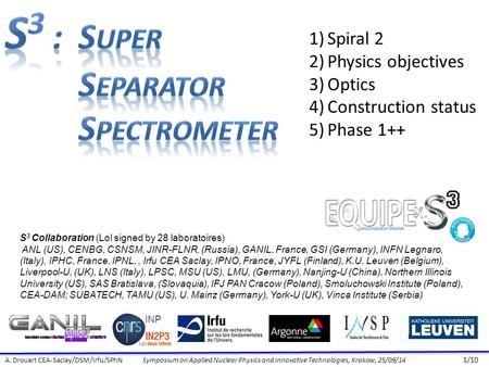 A. Drouart CEA-Saclay/DSM/Irfu/SPhNSymposium on Applied Nuclear Physics and Innovative Technologies, Krakow, 25/09/14 1/10 S 3 Collaboration (LoI signed.