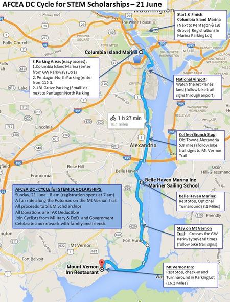 Start & Finish: Columbia Island Marina (Next to Pentagon & LBJ Grove) Registration (In Marina Parking Lot) Coffee/Brunch Stop: Old Towne Alexandria 5.8.