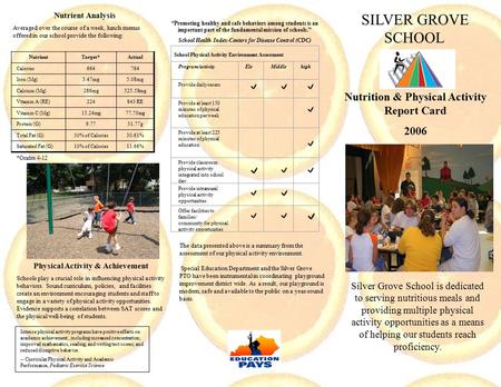 Nutrition & Physical Activity Report Card 2006 Silver Grove School is dedicated to serving nutritious meals and providing multiple physical activity opportunities.