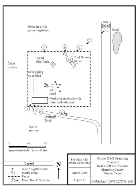 CORRIGAN CONSULTING, INC. Former D&G Operating Company Evans Unit 05775 Lease Chambers County Winnie, Texas Site Map with Photo Locations March 2005 Figure.
