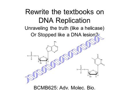 Rewrite the textbooks on DNA Replication Unraveling the truth (like a helicase) Or Stopped like a DNA lesion? BCMB625: Adv. Molec. Bio.