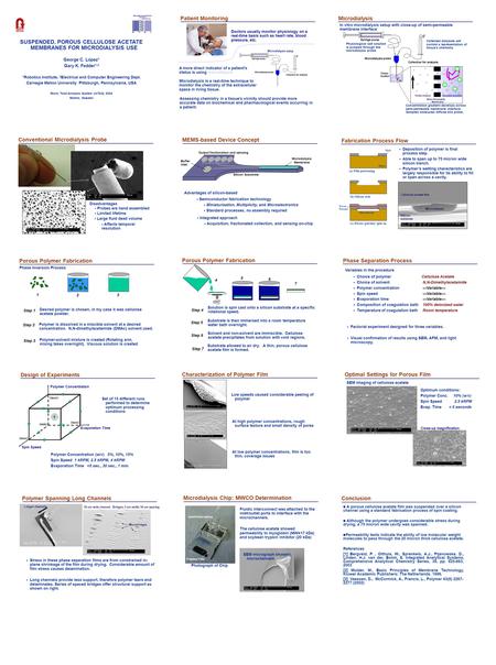 SUSPENDED, POROUS CELLULOSE ACETATE MEMBRANES FOR MICRODIALYSIS USE George C. López 1 Gary K. Fedder 1,2 1 Robotics Institute, 2 Electrical and Computer.