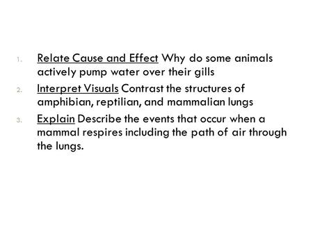 Relate Cause and Effect Why do some animals actively pump water over their gills Interpret Visuals Contrast the structures of amphibian, reptilian, and.