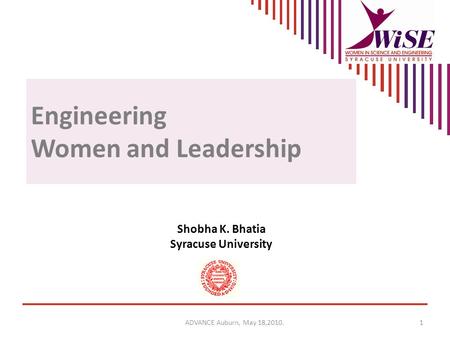 Engineering Women and Leadership Shobha K. Bhatia Syracuse University 1ADVANCE Auburn, May 18,2010.