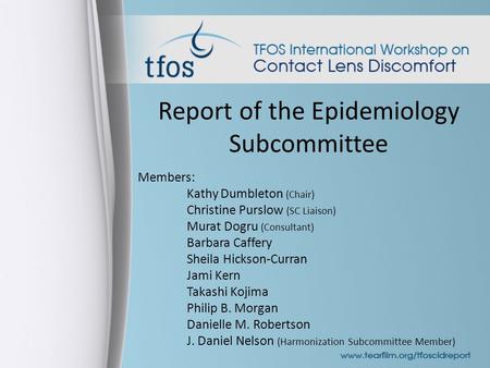 Report of the Epidemiology Subcommittee Members: Kathy Dumbleton (Chair) Christine Purslow (SC Liaison) Murat Dogru (Consultant) Barbara Caffery Sheila.