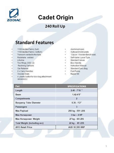 Cadet Origin Standard Features 1100 decitex Fabric (hull) 1100 decitex Fabric ( bottom) Transom welded to the tube Rubstrake welded Life line Tow Rings,