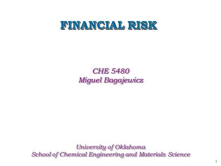 1 FINANCIAL RISK CHE 5480 Miguel Bagajewicz University of Oklahoma School of Chemical Engineering and Materials Science CHE 5480 Miguel Bagajewicz University.