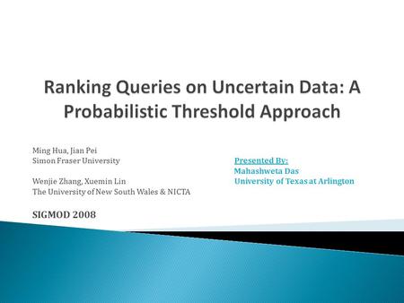 Ming Hua, Jian Pei Simon Fraser UniversityPresented By: Mahashweta Das Wenjie Zhang, Xuemin LinUniversity of Texas at Arlington The University of New South.